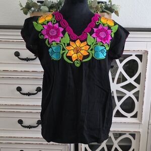 Mexican Floral Embroidered Black Top